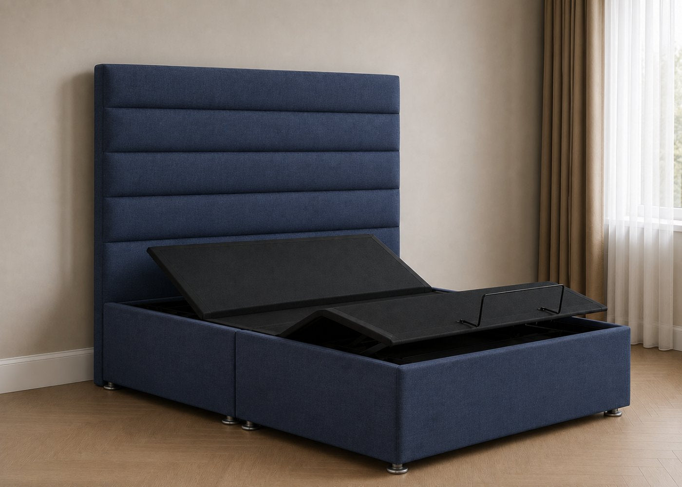 Heavy Duty Adjustable Bed with Camelia Floor-Standing Headboard in Navy Finish