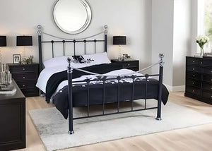 Black Camberley bed, Front Angle – Steel Posts With Chrome Finials and Mesh Support