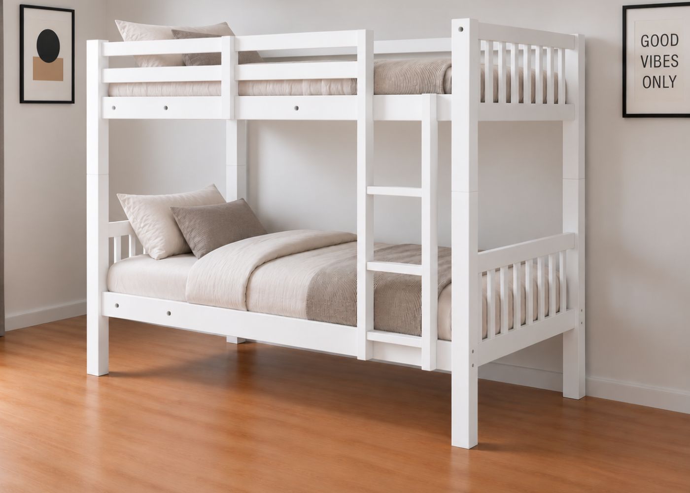 Kelling HD Bunk Bed in White finish, with Mattresses (Universal Ladder)