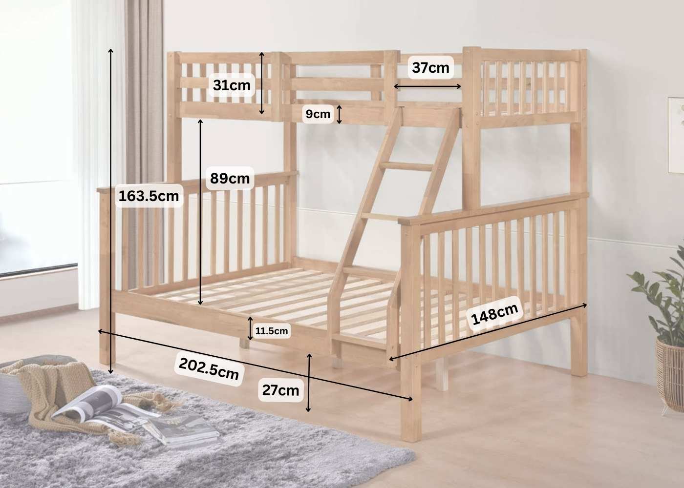 Kelling Triple Bunk Bed Dimensions, Single over Double