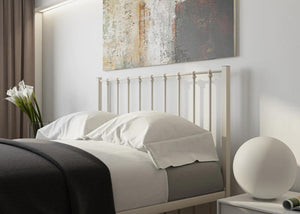 Detail shot of Ivory Nancy bed’s Square Headboard Bars and Robust Tubular Upright, Showing Thick Steel Construction and Precision Welding