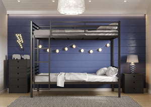 Front View of Metal Bunk Bed in Black Left Hand Ladder
