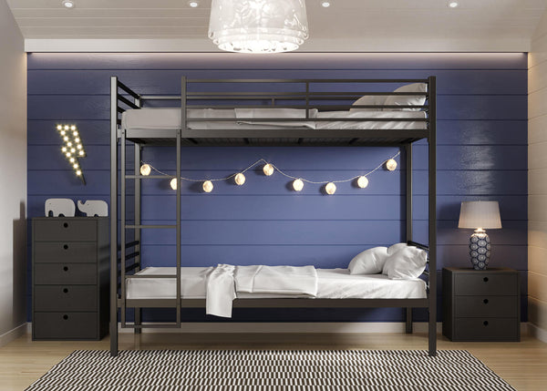 Front View of Metal Bunk Bed in Black Left Hand Ladder