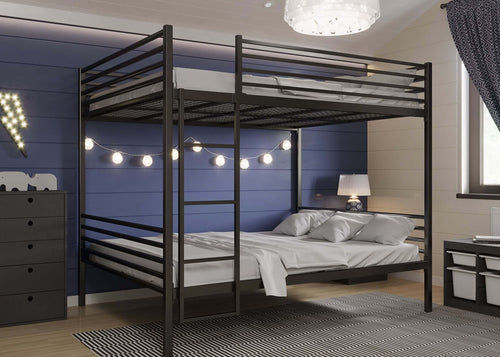Heavy duty quadruple bunk bed with reinforced steel frame and mesh platforms in Black