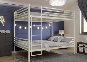 Angled view of ivory quadruple bunk bed featuring durable mesh bases and bolted ladder access.