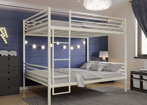 Angled view of ivory quadruple bunk bed featuring durable mesh bases and bolted ladder access.
