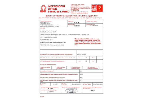 Official safety and lifting certification document for the Aubrey bed frame from Independent Lifting Services Limited