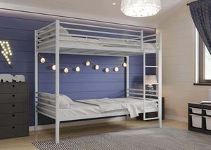Reinforced ivory bunk bed with steel guard rails and mesh platforms.