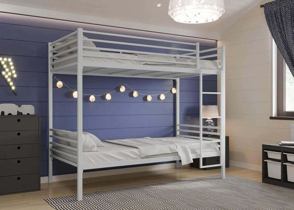 Reinforced ivory bunk bed with steel guard rails and mesh platforms.
