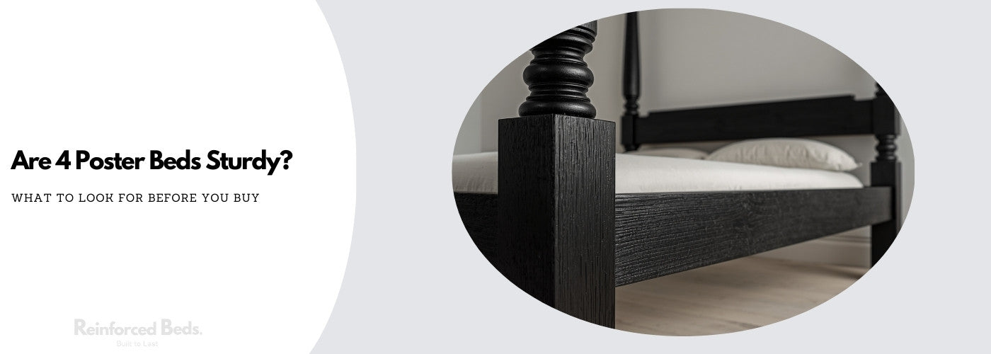 Close up of wooden four poster bed shown in black