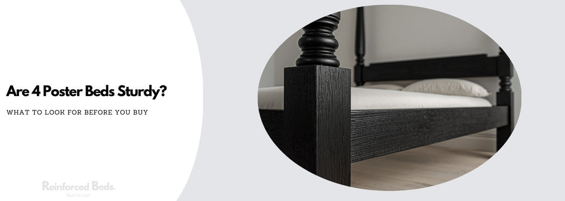 Close up of wooden four poster bed shown in black