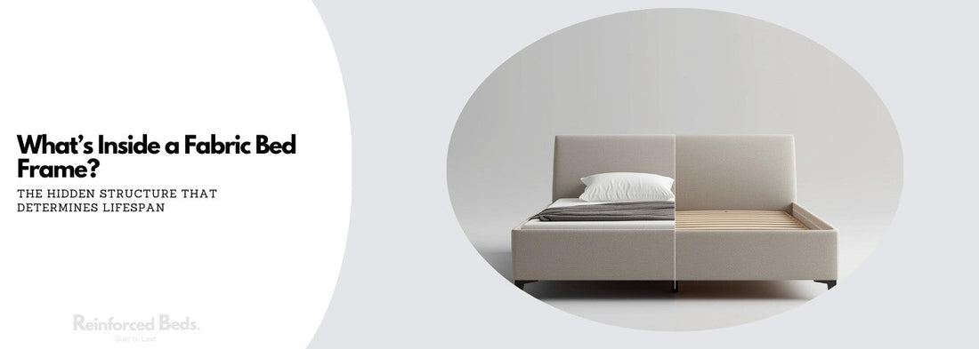 fabric bed frame revealing internal structure