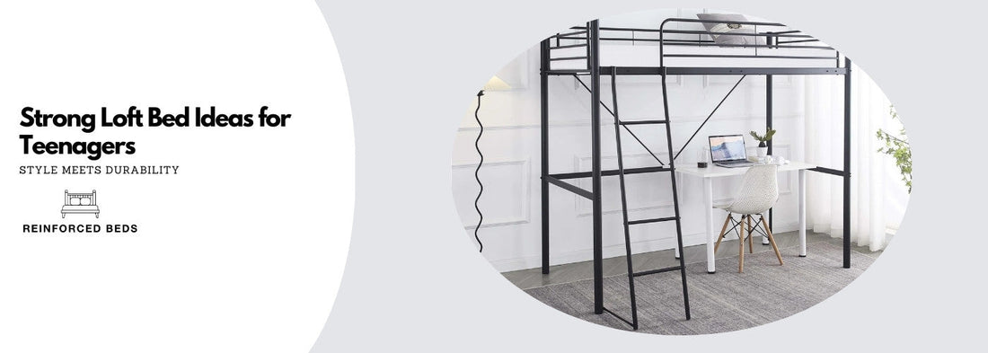 Loft bed in black with a desk underneath