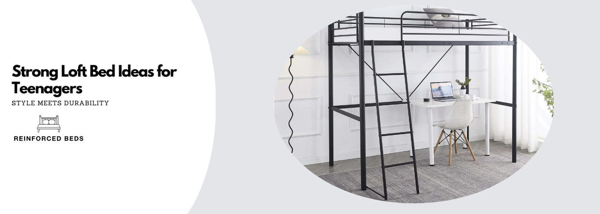 Loft bed in black with a desk underneath