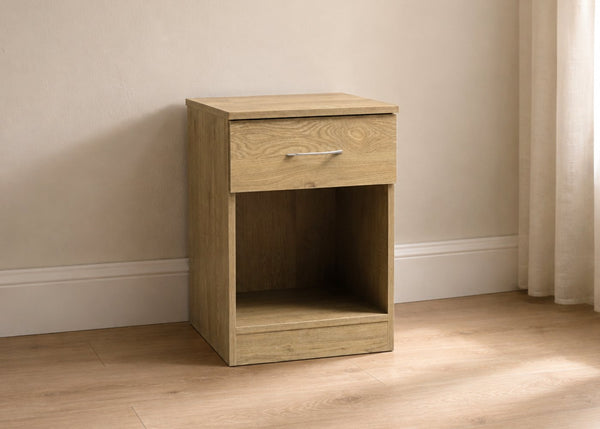 One Drawer Bedside in Oak (Angled View)