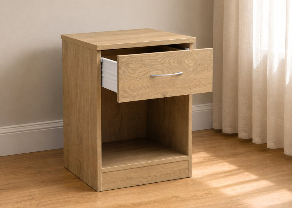 One Drawer Bedside in Oak (Angled View)