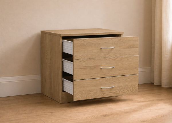 3 Drawer Chest in Oak, with Drawers Open