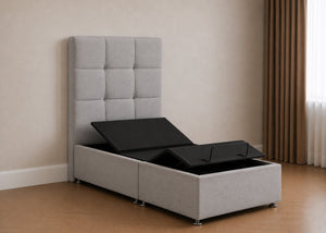 Single Heavy Duty Adjustable Bed with Cube Floor-Standing Headboard in Light Grey Finish
