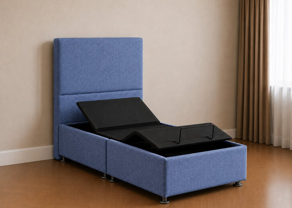 Single Heavy Duty Adjustable Bed with Hermia Floor-Standing Headboard in Nautilus Water-Resistant Finish