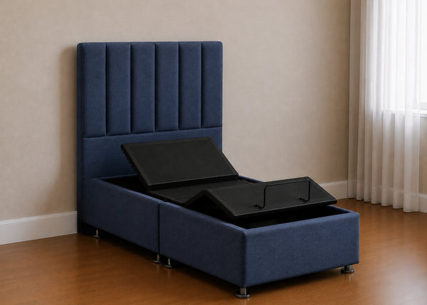 Single Heavy Duty Adjustable Bed with Iris Floor-Standing Headboard in Navy Finish