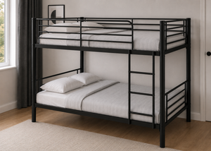 Black metal double over double bunk bed with ladder, white mattresses, and simple modern design.