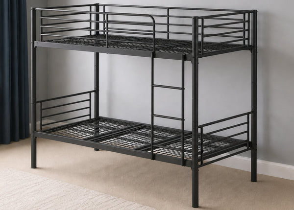 Anmer HD black metal bunk bed with sleek design and mesh sleeping bases.