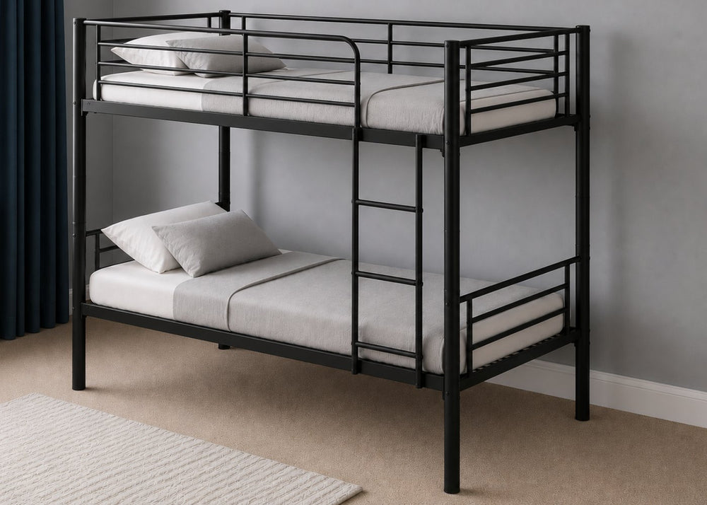 Anmer HD black metal bunk bed with sleek design and mesh sleeping bases.