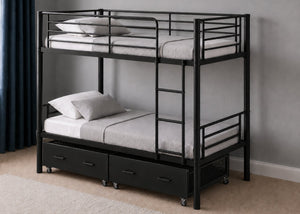 Anmer HD black metal bunk bed with 2 metal storage drawers.
