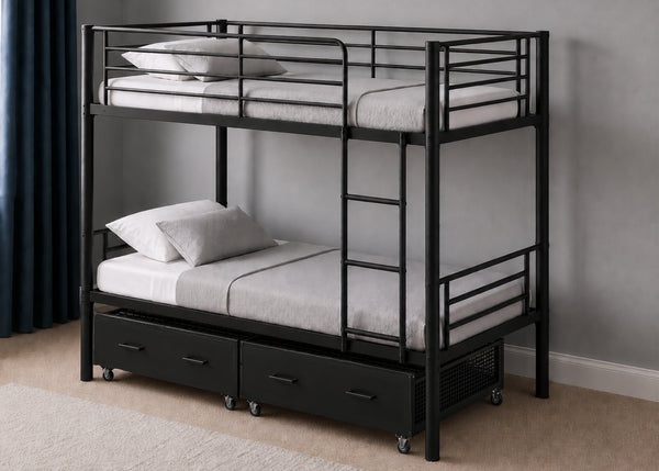 Anmer HD black metal bunk bed with 2 metal storage drawers.