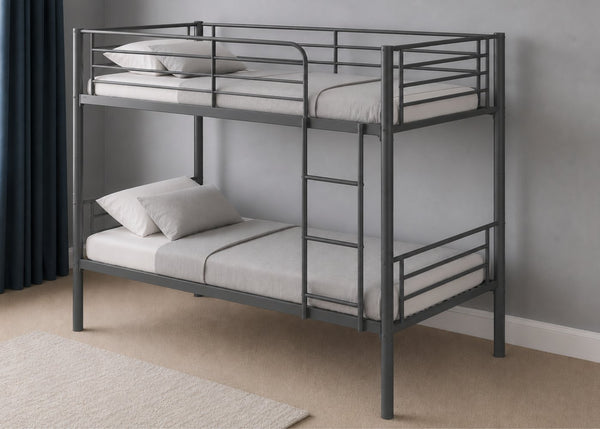 Anmer HD grey metal bunk bed with sleek design and mesh sleeping bases.