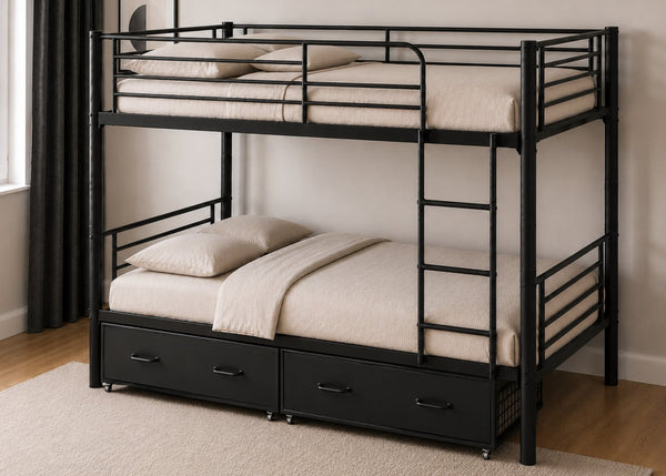 Anmer Quadruple Bunk Bed with Pair of Metal Underbed Storage Drawers, in Black
