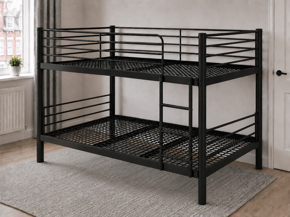 Black metal double over double bunk bed with ladder, white mattresses, and simple modern design.