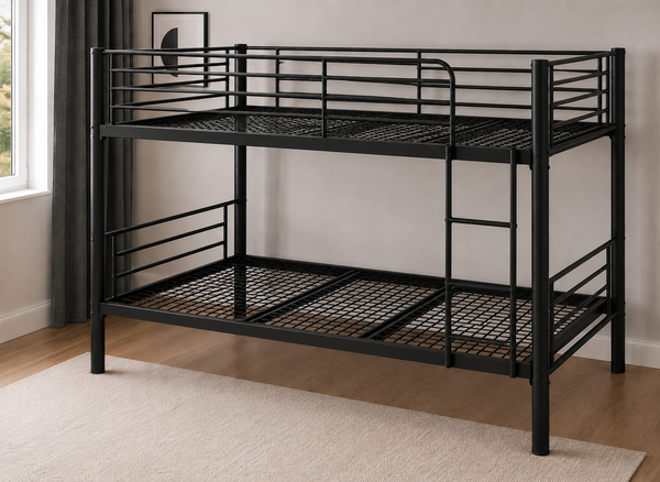 Black metal double over double bunk bed with reinforced tubular slats and a side ladder.