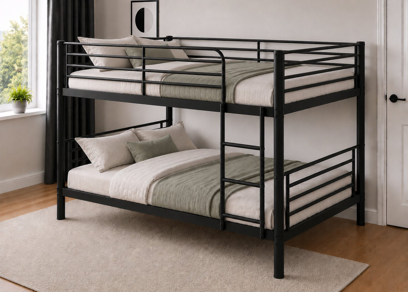 Black metal double over double bunk bed with ladder, white mattresses, and simple modern design.