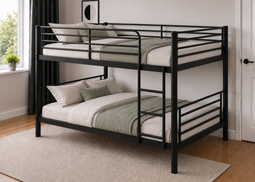 Black metal double over double bunk bed with ladder, white mattresses, and simple modern design.
