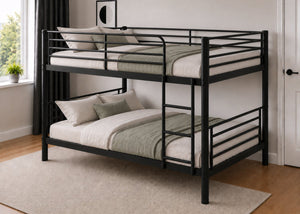 Black metal double over double bunk bed with ladder, white mattresses, and simple modern design.
