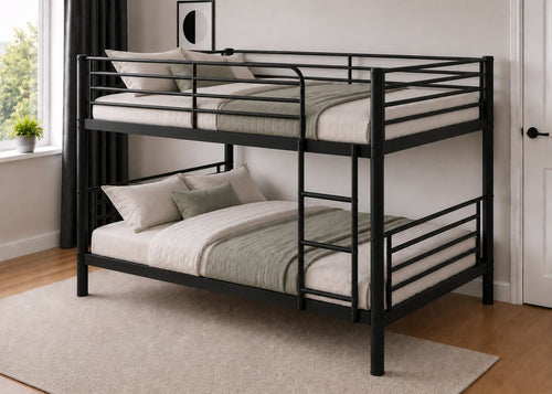 Black metal double over double bunk bed with ladder, white mattresses, and simple modern design.