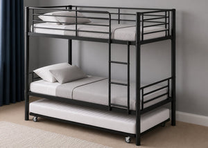 Anmer HD black metal bunk bed with trundle and mattress.