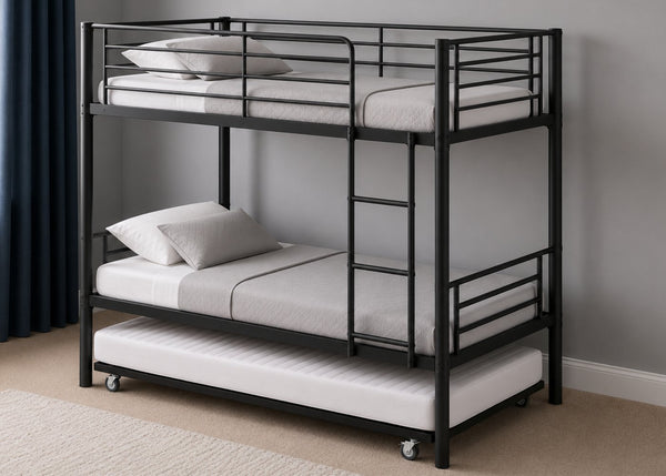 Anmer HD black metal bunk bed with trundle and mattress.