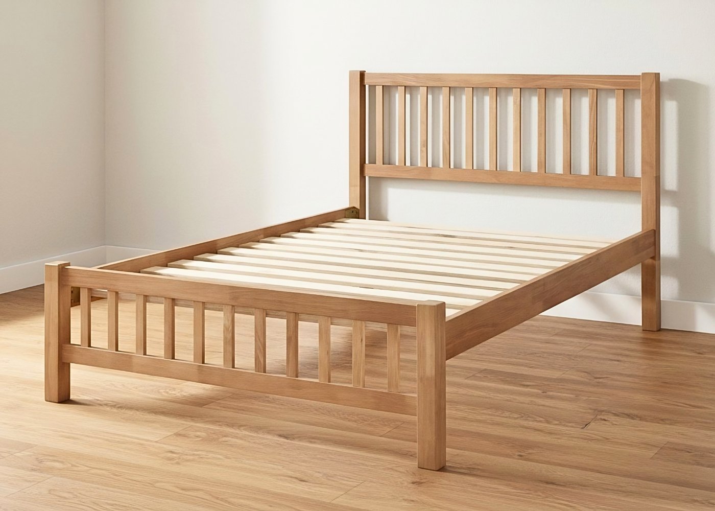 Banham wooden bed frame with solid slats, light oak finish, and shaker-inspired headboard.