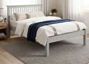Barcelona LFE Bed: Grey painted wooden bed frame with slatted headboard and low foot end.