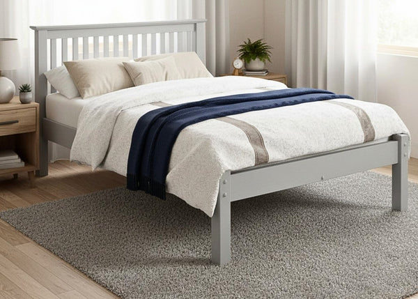 Barcelona LFE Bed: Grey painted wooden bed frame with slatted headboard and low foot end.