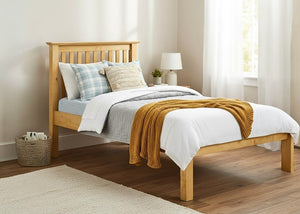 Barcelona LFE natural pine wooden bed frame with slatted headboard and low foot end.