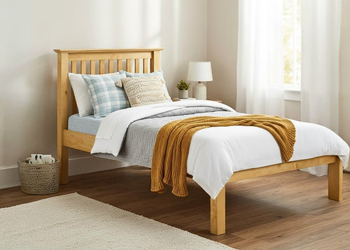 Barcelona LFE natural pine wooden bed frame with slatted headboard and low foot end.