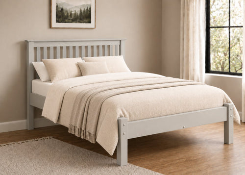 Barcelona LFE Bed: Grey painted wooden bed frame with slatted headboard and low foot end.