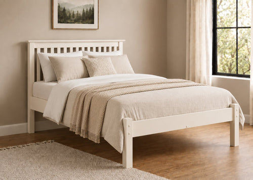 Barcelona LFE Bed: Ivory painted wooden bed frame with slatted headboard and low foot end.