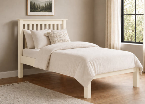 Banham wooden bed frame with solid slats in a painted ivory finish.