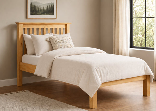 Barcelona LFE natural pine wooden bed frame with slatted headboard and low foot end.