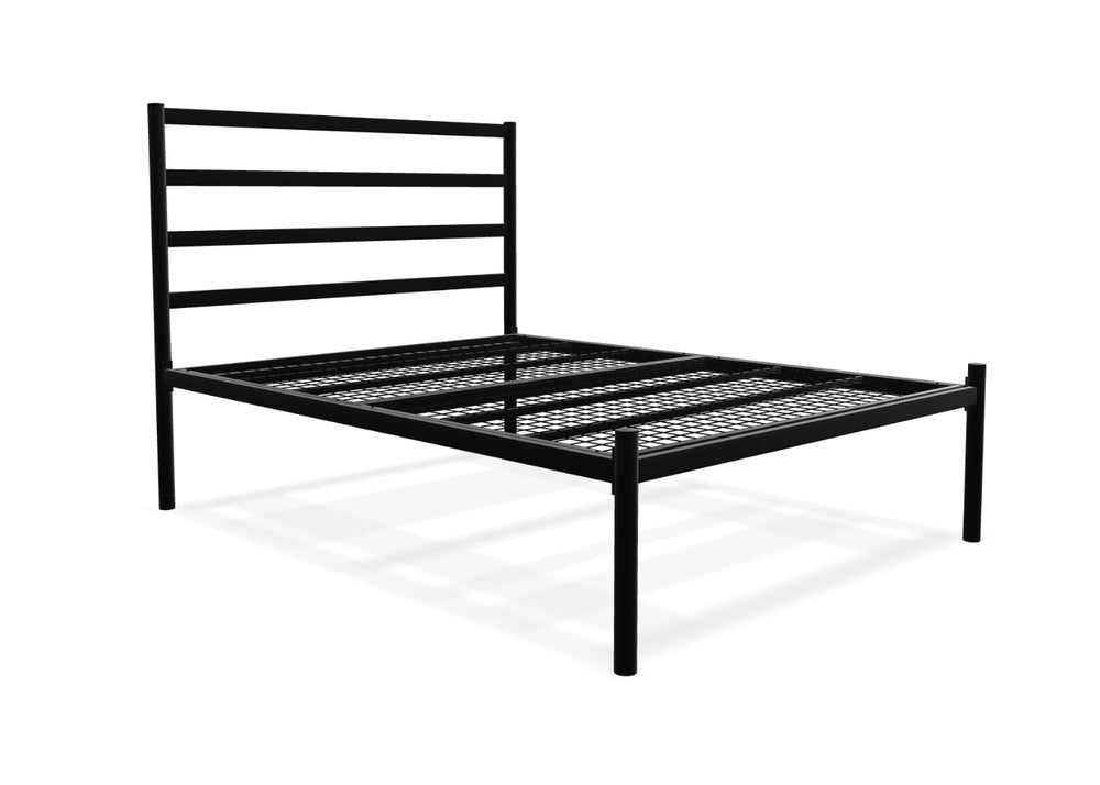 Black steel bed frame with a slatted headboard and reinforced mesh base.