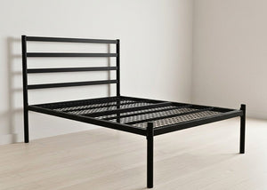 Black steel bed frame with a slatted headboard and reinforced mesh base.